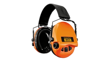 SORDIN Supreme Pro-X Slim Aktiver Kapsel-Gehörschutz mit schwarzem Leder- Nackenband, Schaumkissen & orangen Kapseln
