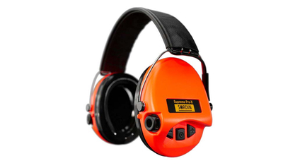 SORDIN Supreme Pro-X Aktiver Kapsel-Gehörschutz mit schwarzem Lederband, Schaumkissen & orangenen Kapseln